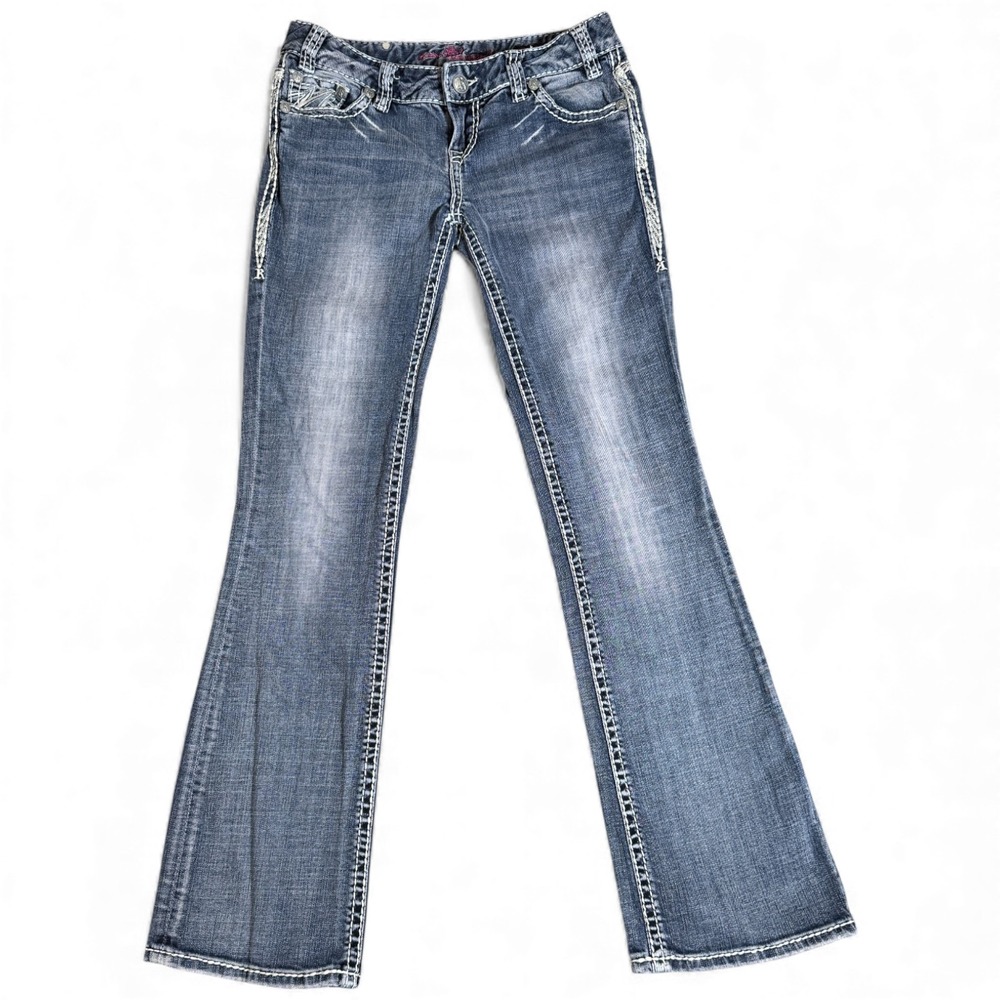 Rock & Roll Cowgirl Bootcut Jeans Womens 28x34 Blue Denim Beaded Pockets Outdoor